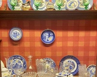 Cut glass and great antique blue and white plates