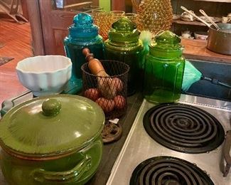 Italian stone cookware and antique cannisters in great colors