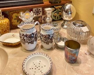 Old brown and white transferware dresser set and more mercury glass