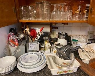  Corelli dishes, Corning ware, utensils, glasses 