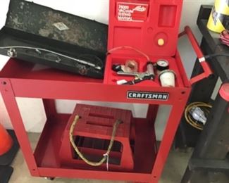 Pre-Owned Craftsman Rolling Cart, Mechanic's Seat and a Vacuum Tester.