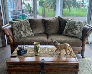 Leather and bamboo sofa, nice trunk coffee table 