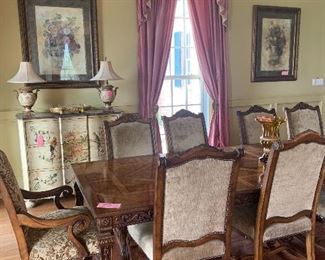 Another view of dining table, chairs and painted chest 