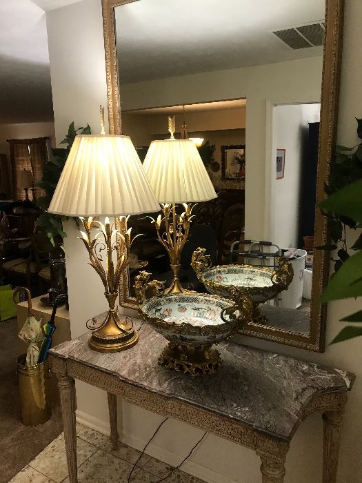 Antique marble top table, lovely vintage lamp, large mirror