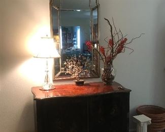 Laquered Asian cabinet, mirror