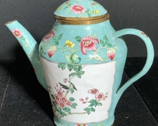 Signed Chinese Hand Painted Brass Teapot
