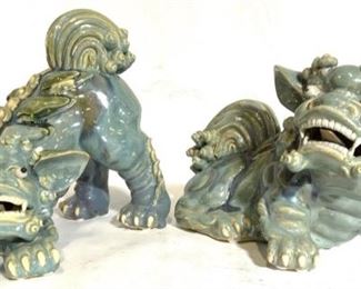 Lot 2 Signed Vintage Glazed Ceramic Foo Dogs
