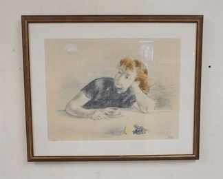 1122	FRAMED PRINT SIGNED & NUMBERED 25/35, OF YOUNG WOMAN LEANING ON A TABLE OVER A CUP OF COFFEE, 26 IN X 21 1/2 IN OVERALL
