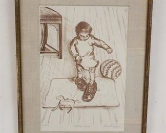 1129	FRAMED PRINT SIGNED ROSE SCHAFFER TITLED *DADDY'S SHOES* NUMBER 23/25, 10 IN X 14 3/4 IN
