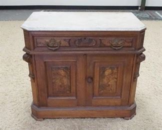 1131	VICTORIAN MABLE TOP WASH STAND W/BURL PANELED DOORS & DRAWER, SPLASH MISSING, 34 1/2 IN X 19 IN X 30 IN HIGH
