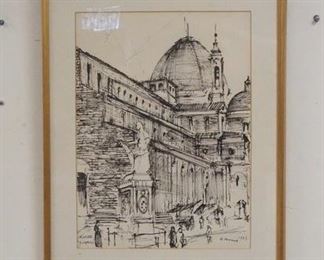 1173	FRAMED PEN & INK SIGNED & DATED 1963, 18 IN X 23 IN OVERALL

