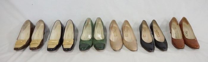 1223	LOT OF SIX PAIRS OF VINTAGE LADIES SHOES. THREE PAIRS ARE FROM  SAKS-FIFTH AVENUE *FENTONLAST* & THREE PAIRS ARE SALVATORE FERRAGAMO (MADE IN ITALY) TWO OF THE PAIRS ARE MARKED LEATHER SOLE ON THE BOTTOM. ALL SHOES ARE A LADIES SIZE 7 1/2. VARYING DEGREES OF WEAR. AS FOUND. 
