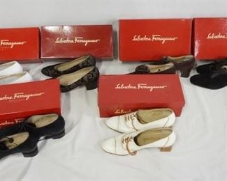 1229	LOT OF 6 PAIRS OF WOMENS SALVATORE FERRAGAMO SHOES IN ORIGINAL BOXES. ALL ARE SIZE 7 1/2. VARYING DEGREES OF WEAR. AS FOUND. 
