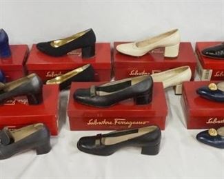1230	LOT OF 7 PAIRS OF WOMENS SALVATORE FERRAGAMO SHOES IN ORIGINAL BOXES. ALL ARE SIZE 7 1/2. VARYING DEGREES OF WEAR. AS FOUND. 

