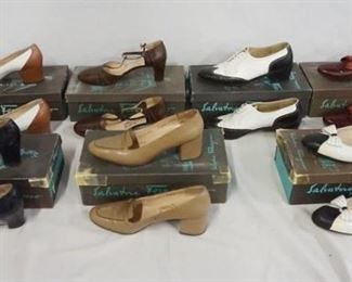 1231	LOT OF 7 PAIRS OF VINTAGE WOMENS SALVATORE FERRAGAMO SHOES IN ORIGINAL BOXES. SIZES RANGE FROM 7 1/2-8. VARYING DEGREES OF WEAR. AS FOUND. 
