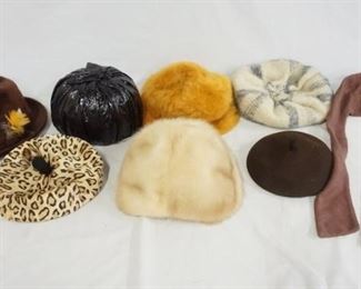 1236	LOT OF EIGHT VINTAGE HATS. LOT INCLUDES TWO FROM SAKS FIFTH-AVENUE ONE MARKED MADE IN CANADA, ONE MARKED ITALY.  LORD & TAYLOR, LENORE MARSHALL, DONEGAL DESIGN, & EMME. VARYING DEGREES OF WEAR. AS FOUND.  
