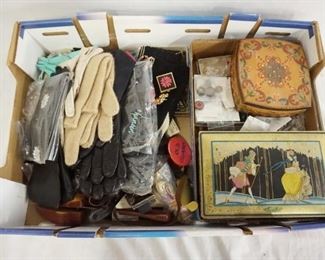 1242	LOT OF MISC. MOSTLY VINTAGE ITEMS. LOT INCLUDES BUTTONS, LADIES GLOVES, SHOE HORNS, LACES, A VINTAGE TIN & DECORATED WOODEN BOX, A SMALL WOVEN BLANKET APP. 19 IN SQ. ETC. SOME ITEMS MAY HAVE DAMAGE, AS FOUND. 
