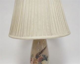 1246	GLASS LAMP W/BIRD & FLOWER DECORATION, PLEATED CLOTH SHADE, CORD CUT, 33 IN HIGH
