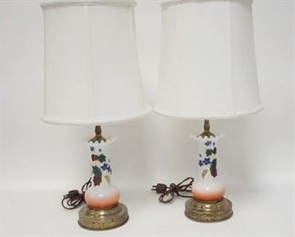 1248	PAIR OF HAND PAINTED BOUDOIR LAMPS, CLOTH SHADES
