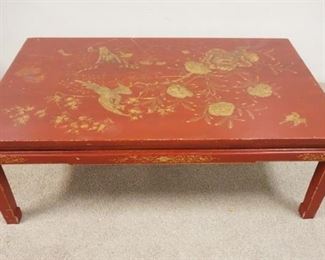 1255	RED LACQUER HAND PAINTED COFFEE TABLE, DECORATED W/BIRDS & FLOWERS, 28 3/4 IN X 48 IN X 17 IN HIGH

