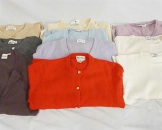 1272	LOT OF TEN CASHMERE SWEATERS. LOT INCLUDES SAKS FIFTH-AVENUE, PRINGLE MADE IN SCOTLAND, JAEGER, & OLEG CASSINI. MOST ARE WOMENS SIZE LARGE/MEDIUM. VARYING DEGREES OF WEAR. AS FOUND.  
