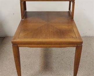 1296	MIDCENTURY MODERN STEP BACK END TABLE, ONE CANE INSERT MISSING, 28 1/4 IN DEEP X 21 1/4 IN WIDE, 24 3/4 IN HIGH

