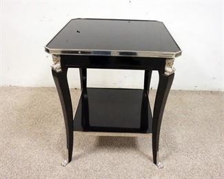 1020	BLACK LACQUER LAMP TABLE W. NICKEL FINISH TRIM & PAW FEET 19 IN X 19 IN. 23 IN H 
