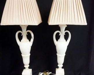 1023	PAIR OF MARBLE DOUBLE HANDLED URN FORM LAMPS. 36 IN H 
