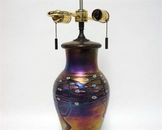 1024	ZELLIQUE ART GLASS LAMP HAS CUSTOM WOODEN BASE SIGNED BY THE WOODWORKER. 22 1/4 IN H
