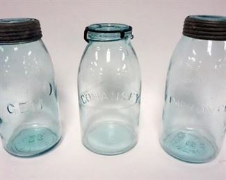 1031	LOT OF 3 LARGE CANNING JARS, GEM COHANSLEY & MASONS TALLEST IS 9 1/4 IN 
