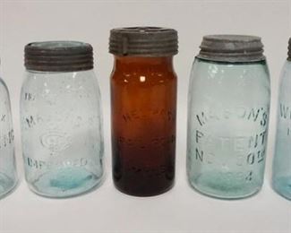 1034	5 CANNING JARS W/ AMBER HELMANS RAILROAD MILLS WOODBURY IMPROVED, ETC. TALLEST IS 7 1/2 IN 
