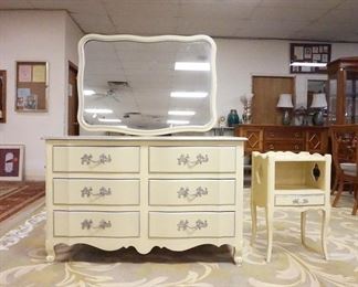 1054	FRENCH PROVINCIAL BEDROOM FURNITURE, 6 DRAWER CHEST W/MIRROR & NIGHTSTAND, CHEST IS 55 IN WIDE X 22 IN
