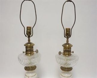 1066	PAIR OF TABLE LAMPS STYLED AFTER KEROSENE LAMPS W/VICTORIAN SCENES AT BASE, 33 IN HIGH
