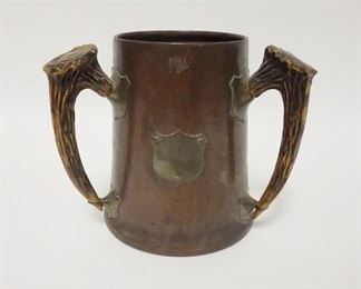 1072	COPPER TANKARD W/3 STAG HANDLES POSSIBLY FOR AN AWARD OR TROPHY, 6 IN HIGH
