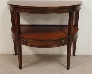 1086	MAHOGANY ONE DRAWER BANDED 2 TIER DEMI LUNE, 34 IN X 17 IN X 30 IN

