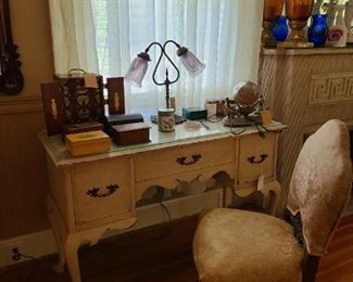 22.) Chippendale Vanity with three drawers and it's low backed chair.