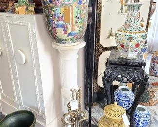 47.) collection of decorative Asian porcelains.  Tropical Asian hardwood temple table/stand circa 1900. 