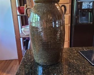 84.) Alkaline Glaze two handled stoneware churn 16"h. marked #3, sourced from Washington County via Haddock Georgia. 