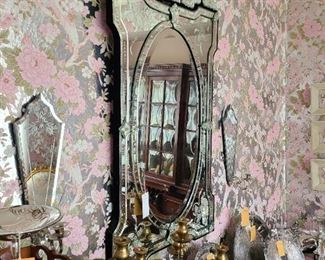 81.) Venetian Style Mirror and a pair of wall sconces.  53"h x 26" w. (decorative) 