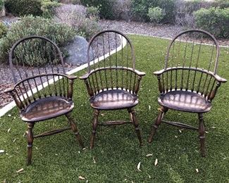 3 Solid Oak "Captain's Chairs - 2 in excellent condition. 2 seats show peg contruction - no nails! 1 chair is missing 1 spindle. 