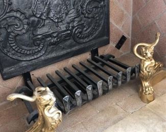 Vintage French Bronze AndironsCherrets wGrill