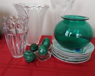 Frosted Glass Vases, Malachite Eggs, Horchow Plates