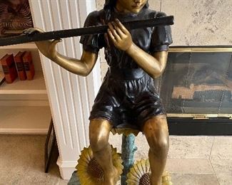 JUMBO GIRL WITH FLUTE By Herbert. Bronze Sculpture with Patina
Reduced to $995. ( Retail $3450)
Saturday only! 9am to 2PM
Size: 57 in. h x 31 in. l x 17 in. 
sculpture weighs 100 lbs.
Bronze with Multi-color patina.
Reduced to $995. Saturday 9-2 Pm Only!
(Retails for $3450)
