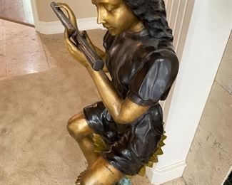 JUMBO GIRL WITH FLUTE By Herbert. Bronze Sculpture with Patina
Size: 57 in. h x 31 in. l x 17 in. 
sculpture weighs 100 lbs.
Bronze with Multi-color patina.
Reduced to $995. Saturday 9-2 Pm Only!
(Retails for $3450)
