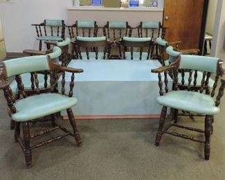 ARMCHAIRS WITH AQUA VINYL SEATS AND FORMICA TABLE