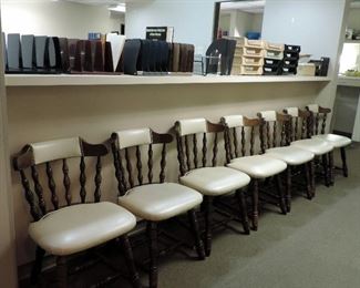 WOODEN CHAIRS WITH WHITE VINYL SEATS