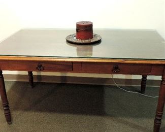 WOODEN TABLE WITH GLASS TOP