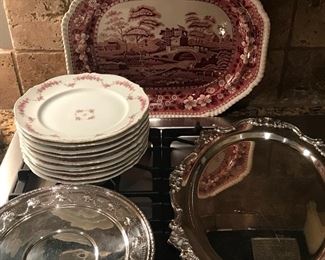 Silver plate, Antique Spode Red Tower platter