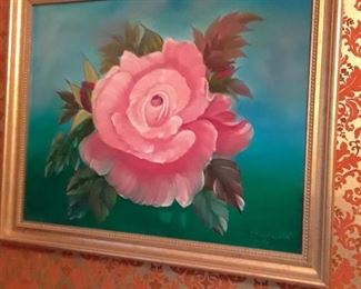 Framed oil painting, camellia
