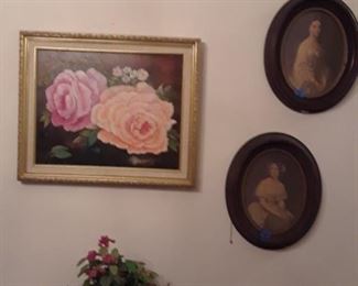 Oil on canvas, florals; portraits in oval frames